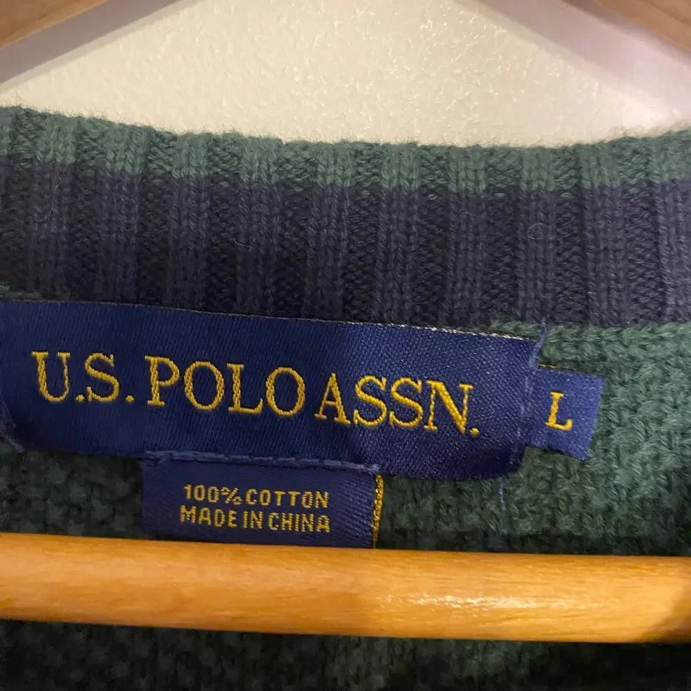 Mens US Polo Assn Green Thick Cable Knit Pullover Sweater Preppy Crew Neck Large